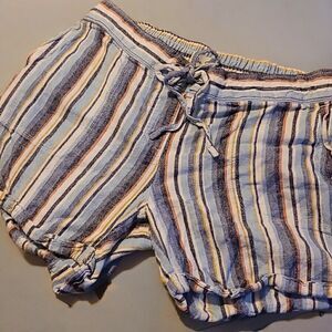 Per Se Shorts Womens Medium Linen Blend Striped Cuffed Pockets tie elastic waist